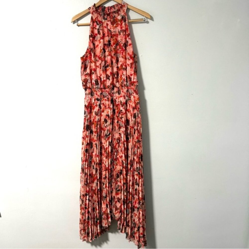 White House Black Market Chiffon Maxi Dress Floral Pleated Coral Purple 8 NWT